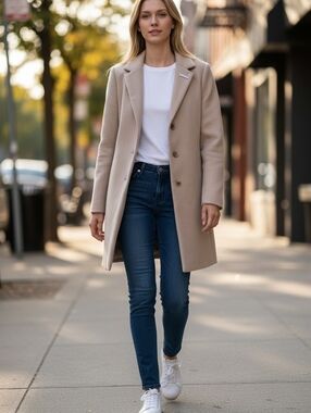 Calvin Klein Women's Beige Classic Wool Coat, Size M